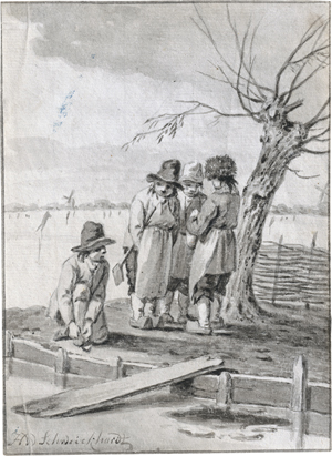 Lot 6685, Auction  122, Schweickardt, Hendrik Willem, Holländische Eislandschaft mit vier jungen Männern die sich zum Eislaufen bereit machen
