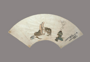 Lot 604, Auction  125, Uchiwa-e, Rastender Pilger. Japanische Federzeichnung mit farbiger Aquarellierung auf Papier