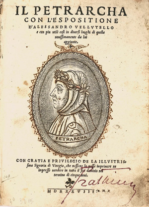 Lot 766, Auction  125, Petrarca, Francesco, Il Petrarcha con l'espositione d'Alessandro Vellutello. Venedig, Bartholomeo Zanetti, 1538