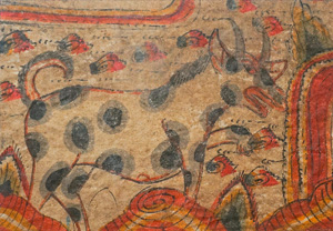 Lot 915, Auction  125, Textilfragment mit Tiermotiv u. Dekor, Deckfarbenmalerei auf Leinengewebe. Wohl Mittel- oder Osteuropa 19. Jahrhundert