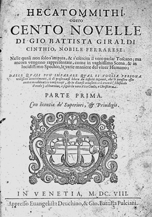Lot 1558, Auction  125, Giraldi Cinthio, Giovanni Battista, Hecatommithi, ouero cento novelle. Venedig, Deuchino und Pulciani, 1608