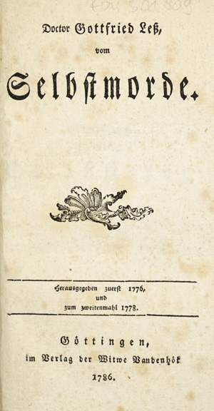 Lot 1651, Auction  125, Less, Gottfried, Vom Selbstmorde. Göttingen, Anna Vandenhoeck, 1786
