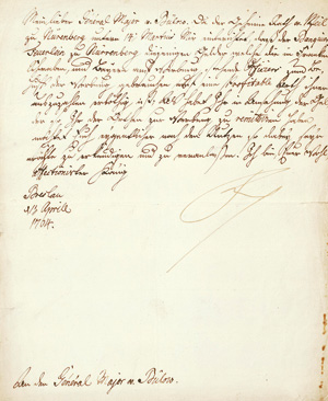 Lot 2092, Auction  125, Friedrich II., der Große, Brief an General von Bülow