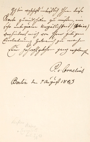 Lot 2126, Auction  125, Cornelius, Peter von, Brief (Billet) wegen einer Einladung. 1843