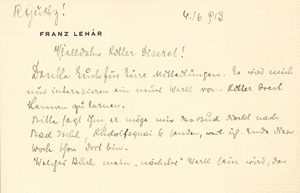Lot 2164, Auction  125, Lehár, Franz, Briefkarte an ein Mitglied eines Geheimbundes. 1913