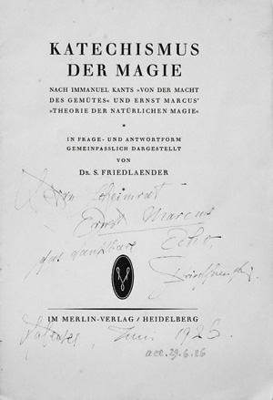 Lot 3104, Auction  125, Friedlaender, Salomo, Katechismus der Magie. Heidelberg, Merlin, 1925. - Erste Ausgabe. Widmungsexemplar für Ernst Marcus