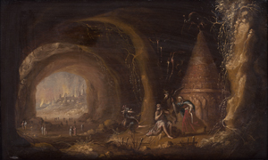 Los 6016 - Troyen, Rombout van - Inneres einer Felsengrotte mit der Versuchung des hl. Antonius und einer vor der Grotte brennenden Stadt - 0 - thumb