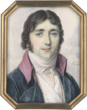 Los 6360 - Boquet - Miniatur Portrait eines schwarzhaarigen jungen Mannes in blaugrüner Jacke mit rosa Kragen - 0 - thumb