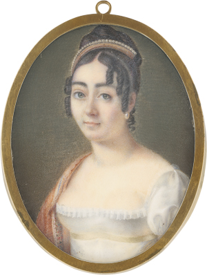 Los 6373 - Französisch - um 1810. Miniatur Portrait einer jungen Frau mit Perlendiadem im gelockten Haar - 0 - thumb