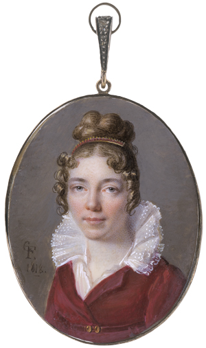 Los 6384 - Fontallard (eigentlich Gérard), Jean-François - Miniatur Portrait einer jungen Frau in rotem Kleid mit Spitzenkragen - 0 - thumb