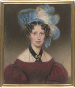 Los 6447 - Anreiter, Alois von - Miniatur Portrait einer jungen Frau mit blauem Federhut, in bordeauxrotem Kleid - 0 - thumb