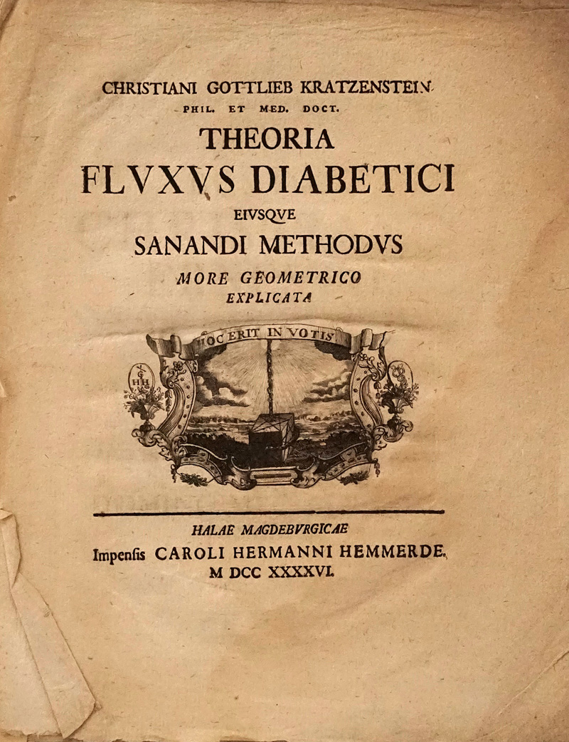 Lot 317, Auction  125, Kratzenstein, Christian Gottlieb, Theoria Fluxvs Diabetici Eiusque Sanandi Methodus more geometrico. Halle 1746