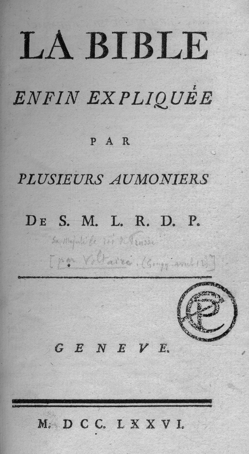 Lot 846, Auction  125, Voltaire, François Marie Arouet de, La Bible enfin expliquée par plusieurs aumoniers. Genf, o. Dr., 1776. Erste Genfer Ausgabe