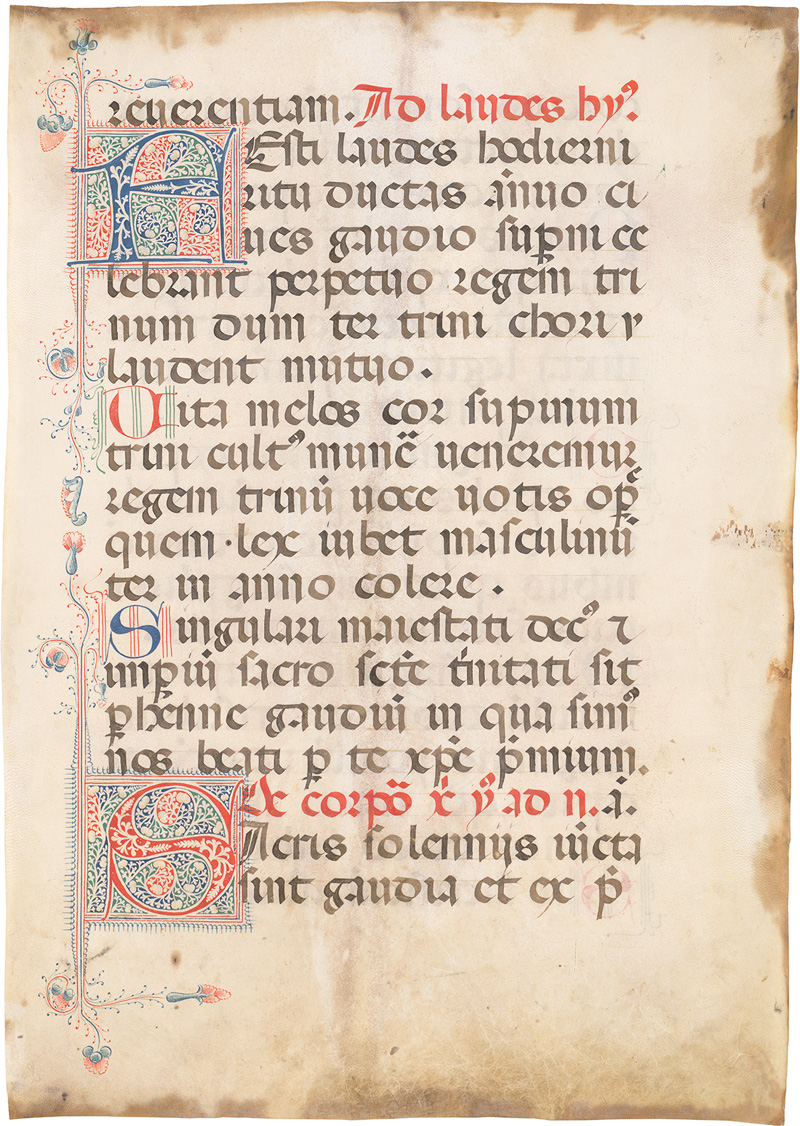 Lot 1045, Auction  125, Ad Laudes hymnus, 2 Einzelblätter aus einer großen Antiphonale-Handschrift. Italien um 1620. Mit mehreren Initialen