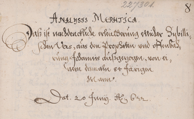 Lot 1048, Auction  125, Analysis Mephtica, Das ist unbedenckliche erleütterung etlicher Sybillischen Vers. Deutsche Handschrift auf Papier. 