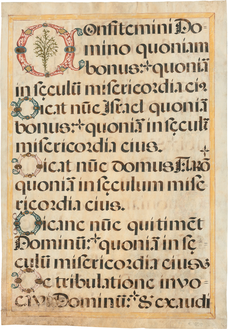 Lot 1050, Auction  125, Missale italico, 2 Einzelblätter aus einer liturgischen Choralhandschrift in lateinischer Sprache. Oberitalien um 1640. Zwei dekorative Blätter mit Zierbuchstaben