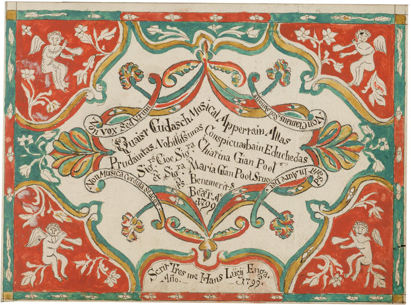 Lot 1078, Auction  125, Quaist Cudasch Musical Appertain, Engadiner Musikhandschrift als Monument der rätoromanischen Sprache mit spätbarockem Sgraffito-Schmuck. Bever 1799.
