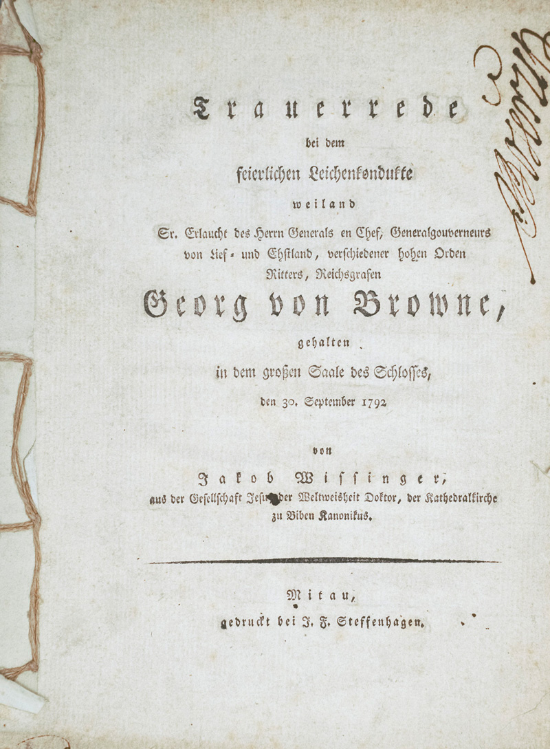 Lot 1755, Auction  125, Wissinger, Jakob, Trauerrede bei dem feierlichen Leichenkondukte weiland Georg von Browne. Mitau, J. F. Steffenhagen, 1792. - Nicht im KVK