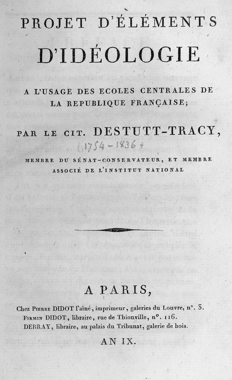 Lot 1764, Auction  125, Destutt de Tracy, Antoine Louis Claude, Projet d'éléments d'idéologie. Paris, Didot, "An IX" (1801