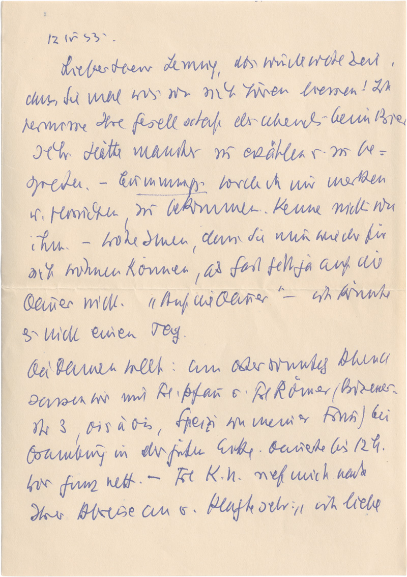 Lot 2007, Auction  125, Benn, Gottfried, Brief an Walter Lennig. 1953