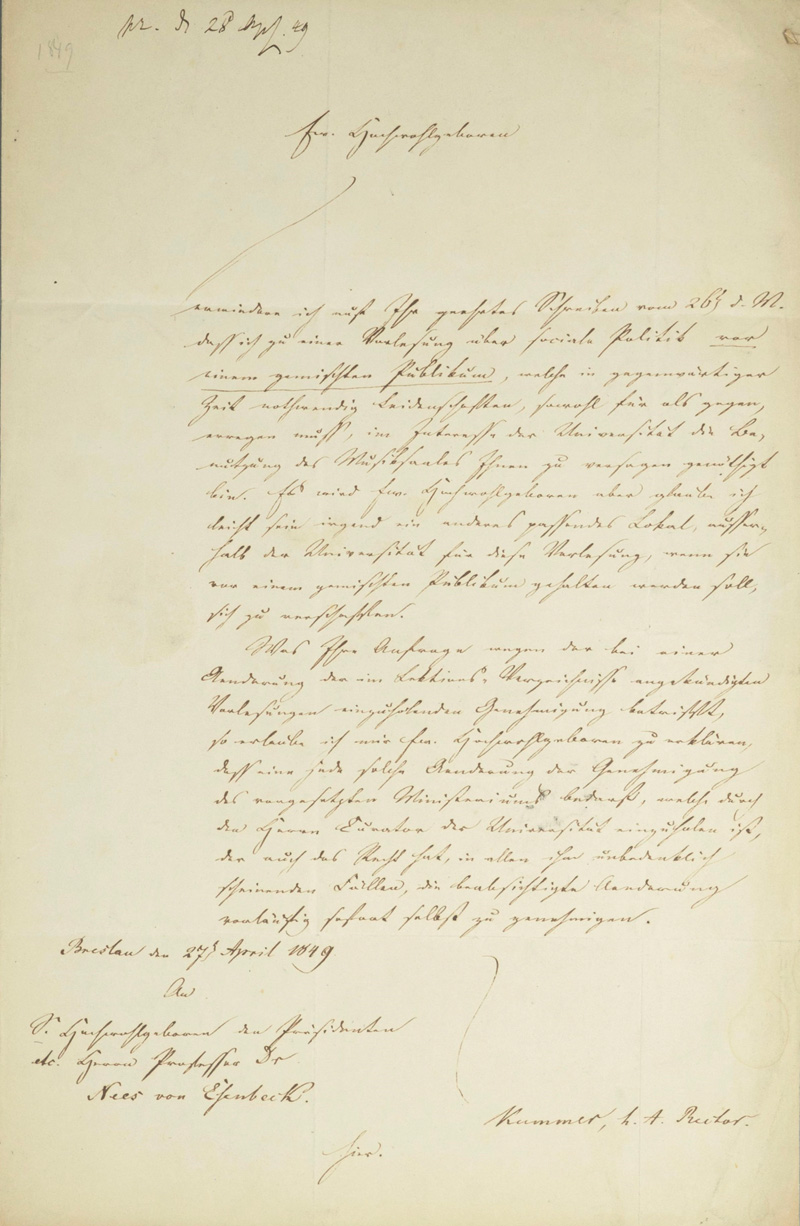 Lot 2065, Auction  125, Kummer, Ernst Eduard, Brief an Nees von Esenbeck. 1849