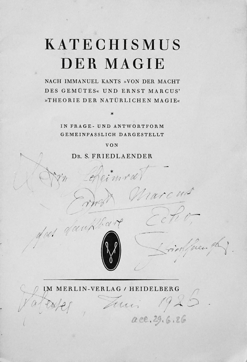 Lot 3104, Auction  125, Friedlaender, Salomo, Katechismus der Magie. Heidelberg, Merlin, 1925. - Erste Ausgabe. Widmungsexemplar für Ernst Marcus