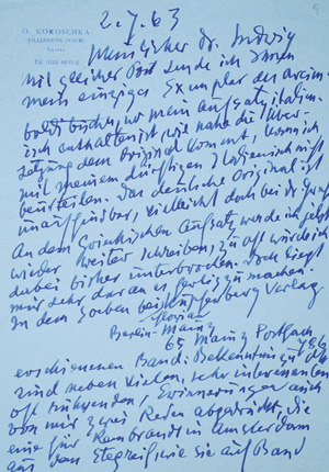 Lot 2615, Auction  126, Kokoschka, Oskar, Brief an Ludwig Goldscheider über seine Bücher. 1963