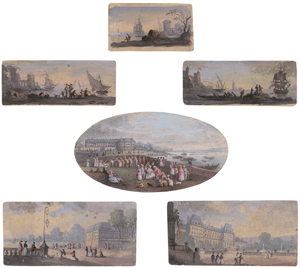 Lot 6584, Auction  126, Französisch, spätes 18. Jh. Tableaux mit 6 Ansichten französischer Schlösser und Häfen