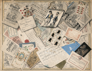 Lot 6604, Auction  126, Apell, Franz Xaver, 1828. Quodlibet mit Kupferstichen, Notenblatt, Karten, Buchseiten, Stickmustern, Briefen etc. und Widmung an die Familie Apell in Erfurt