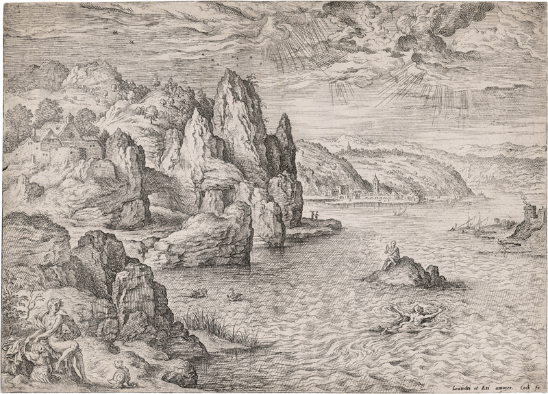 Lot 5062, Auction  126, Cock, Hieronymus, Landschaft mit Leander, der durch den Hellespont schwimmt