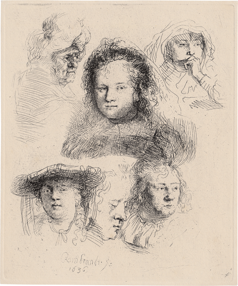 Lot 5682, Auction 126, Rembrandt Harmensz. van Rijn, Studienblatt mit sechs Frauenköpfen