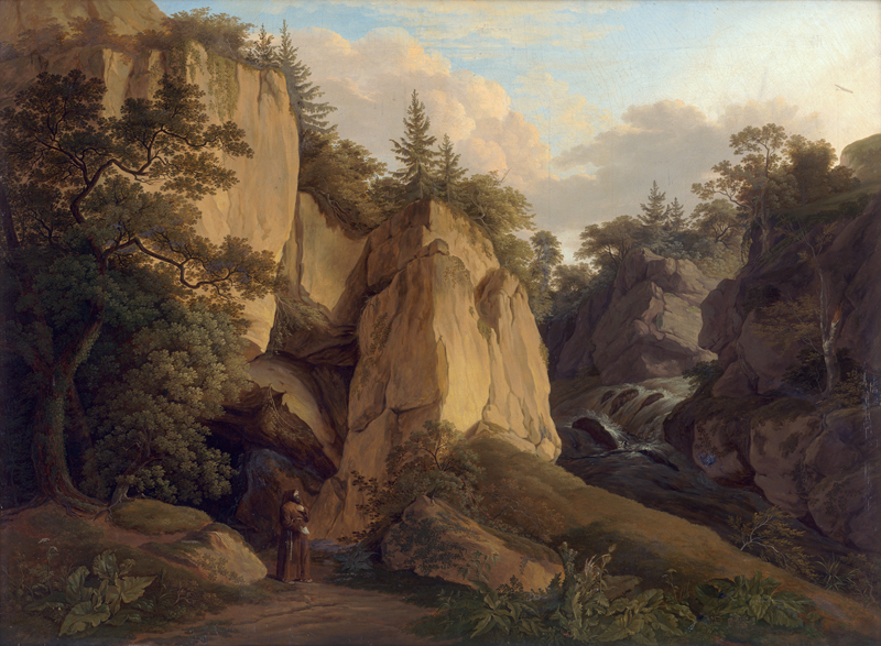 Lot 6047, Auction 126, Radl, Anton, Felslandschaft mit Wasserfall und Einsiedler bei einer Grotte