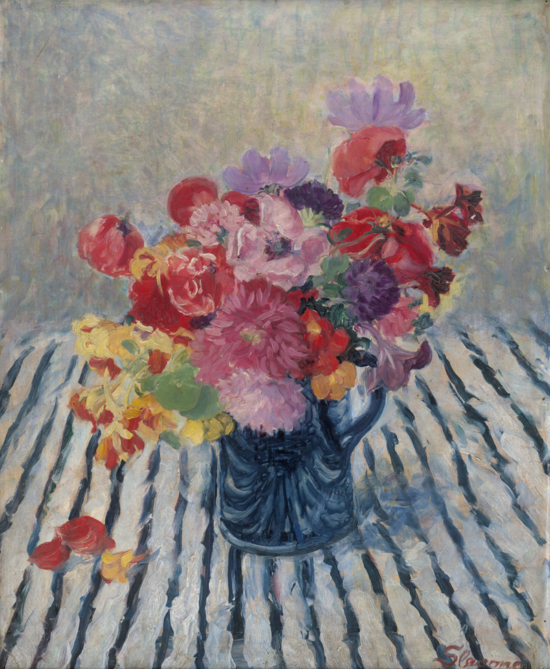 Lot 6215, Auction  126, Slavona, Maria, Blumenstilleben auf einem Tisch mit gestreiftem Tischtuch