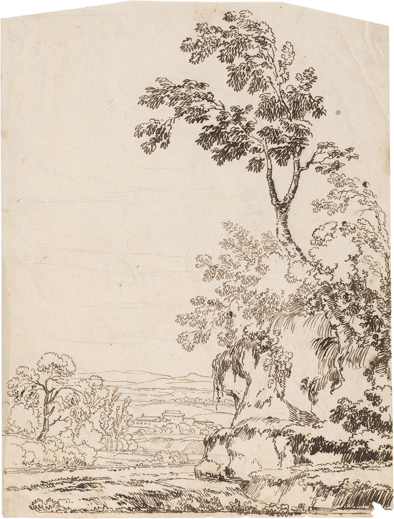 Lot 6535, Auction  126, Bolognesisch, um 1700. Landschaft mit Baum auf einem felsigen Abhang