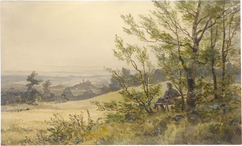 Lot 6686, Auction 126, Wucherer, Fritz, Rastender Spaziergänger auf einer Bank, mit Blick von der die Taunushöhe auf Burg Kronberg