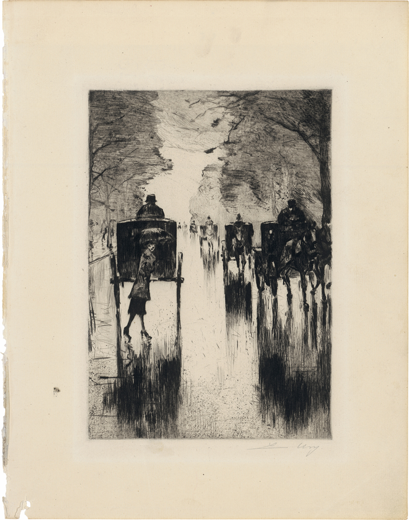 Lot 7028, Auction 126, Ury, Lesser, Regennasse Tiergartenallee mit Pferdedroschken: Dame mit Schirm überquert die Straße