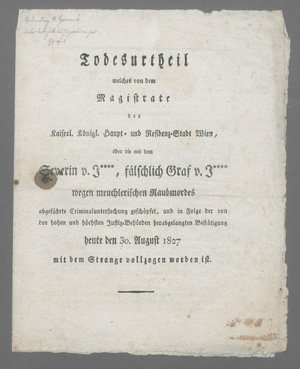 Lot 558, Auction  127, Todesurtheil, welches von dem Magistrate der kaiserl. Königl. Haupt- und Residenz-Stadt Wien