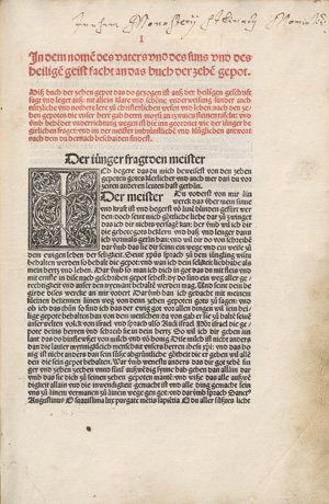Marquard von Lindau, Das Buch der zehn Gebote. Text in Rot und Schwarz gedruckt, mit 12 großen Schwarzgrund-Initialen