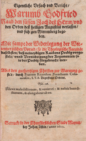 Lot 1261, Auction  127, Prumbaum, Richard, Eigentliche Ursach und Bericht. Mainz, Johan Albin, 1602. - Warnschrift gegen den aufkommenden Protestantismus