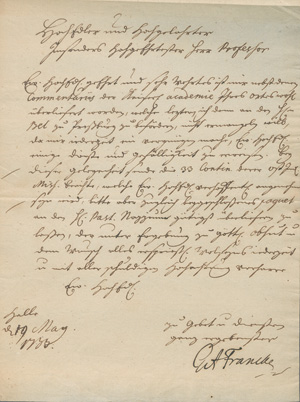 Lot 2588, Auction  127, Francke, Gotthilf August, Brief an einen Theologie-Professor. 1733