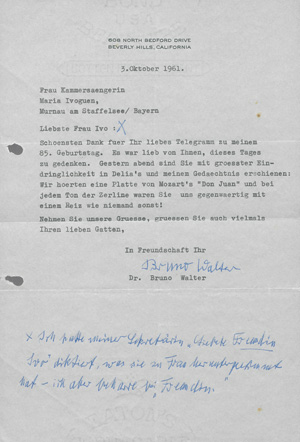 Lot 2659, Auction  127, Walter, Bruno, Brief an die Sängerin Maria Ivogün in Murnau. 1961