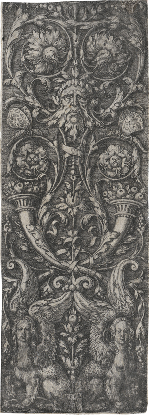Lot 5165, Auction  127, Aldegrever, Heinrich, Ornamentaler Entwurf mit Masken, zwei Füllhörnern mit Früchten und zwei Sphinxen