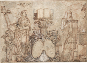 Lot 6506, Auction  127, Italienisch, Ende 16. Jh. Entwurf für ein allegorisches Frontispiz mit den Personifikationen des Alten und Neuen Testaments