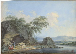 Lot 6562, Auction  127, Deutsch, um 1760. Hügelige Landschaft mit zwei Holzfällern; Flusslandschaft mit Paar am Ufer