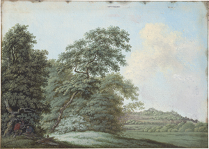 Los 6562 - Deutsch - um 1760. Hügelige Landschaft mit zwei Holzfällern; Flusslandschaft mit Paar am Ufer - 1 - thumb