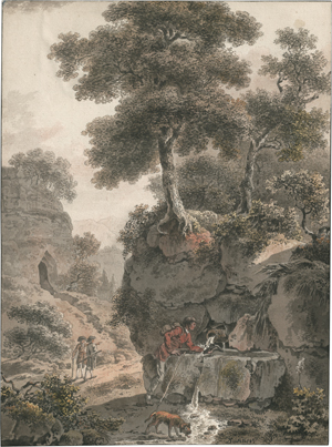 Lot 6585, Auction  127, Dunker, Balthasar Anton, Gebirgslandschaft mit Wanderern bei einem Steinbrunnen