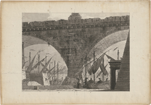 Lot 6595, Auction  127, Galliari, Gaspare, Theaterprospekt mit Rundbogenbrücke, im Hintergrund ein Hafen mit Galeeren