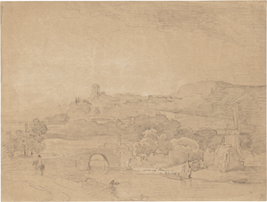 Los 6663 - Schirmer, Johann Wilhelm - Flusslandschaft mit kleiner Burg, im Vordergrund ein Dorf mit Windmühle - 0 - thumb