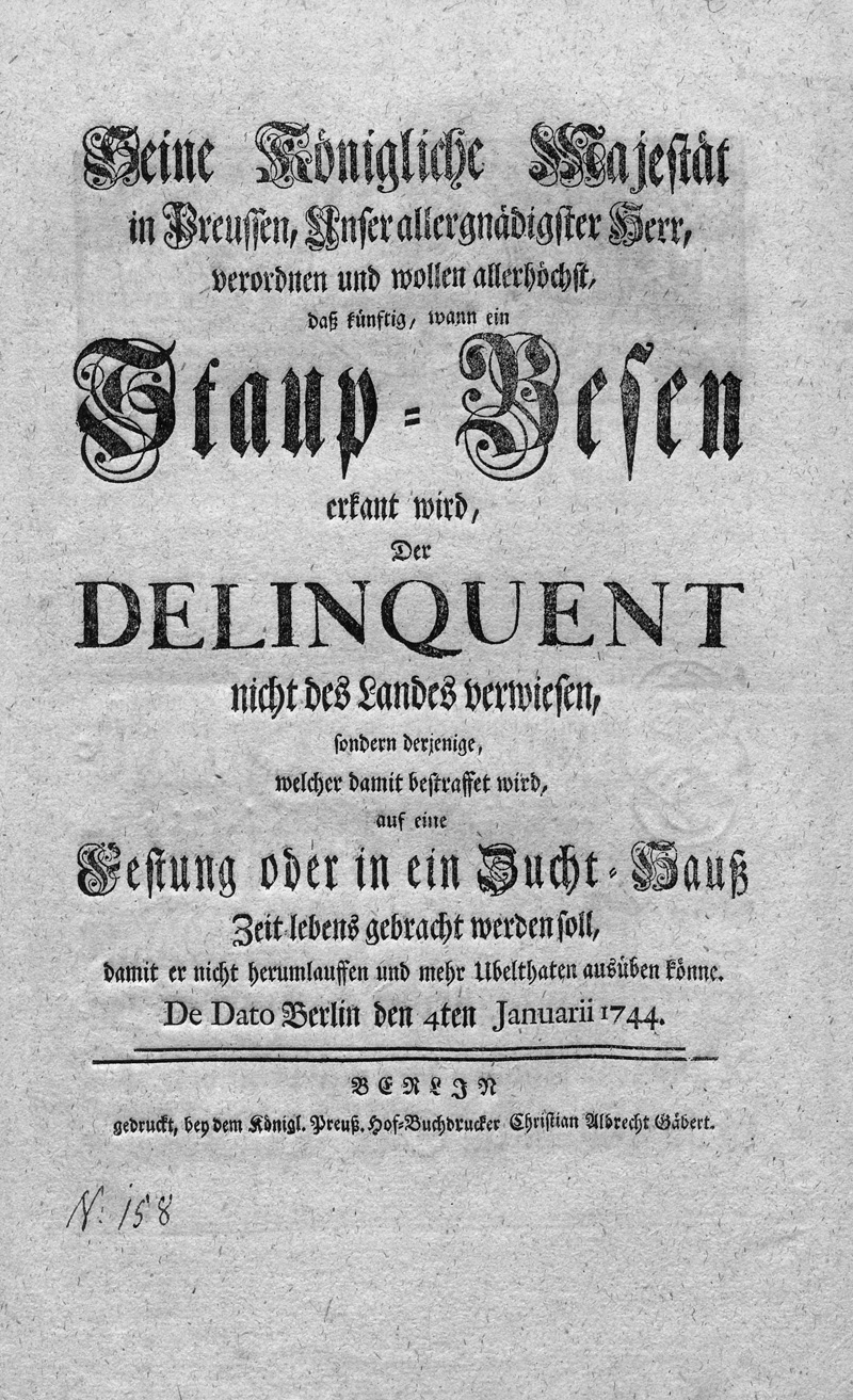 Lot 238, Auction  127, Berliner Edikte, 3 gedruckte Erlasse aus der preußischen Residenzstadt über Zigeuner, Heirat und Staup-Besen