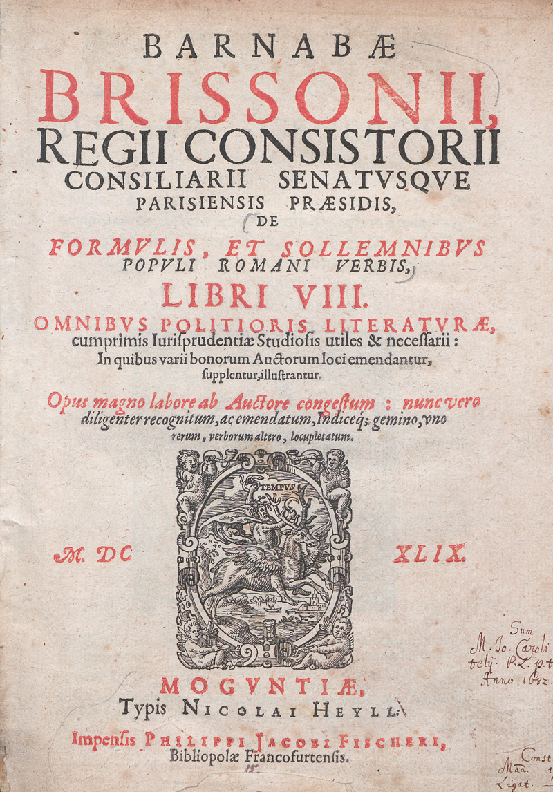 Lot 508, Auction  127, Brisson, Barnabé, De formulis et sollemnibus populi Romani 